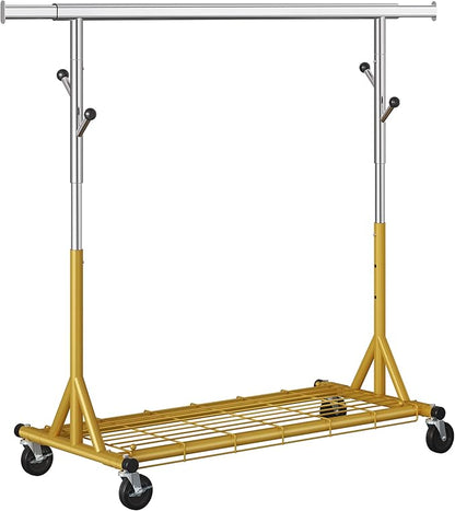 Rolling Clothes Rack Load 530lbs,Heavy Duty Garment Rack With Sturdy Wheel And Shelves, Adjustable Portable Hanging Rack For Clothes, Gold