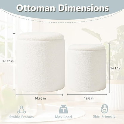 Royal Windsor Boucle Round Ottoman with Storage Set of 2,Small Foot Stool Ottoman for Living Room, Small Coffee Table,Vanity Stool with Storage for Bedroom, White