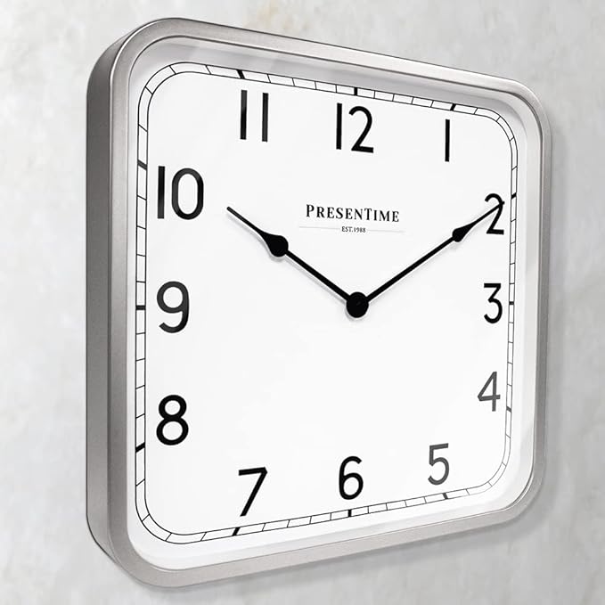 Presentime & Co 16" Anton Vintage Square Clock, Silent No Ticking, Wall & Mantel 2 in 1 Clock, Desk and Shelf Clock, Tabletop Décor, Modern Silver Color