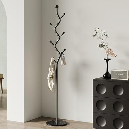 Creative Tree Branch-Look Coat Rack Freestanding with 6 Hooks & Sturdy Marble base Metal Clothes Hanger Stand for Entryway/Mudroom/Bedroom/Hallway/Home Office (Matte black)