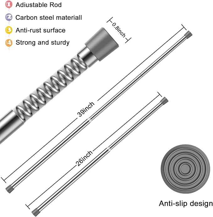 AIZESI Spring Tension Rods Adjustable Tension Curtain Rod Small Tension Rod No Drilling Expandable Spring Loaded Curtain Tension Rod（Silver,26" to 39"-4Pcs)