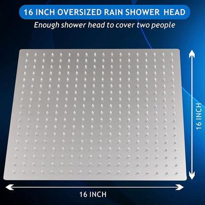 Voolan Oversize Rain Shower Head - High Flow Square Rainfall Showerhead - Waterfall Full Body Coverage - Universal Ceiling or Wall Mount (16 Inch, Brushed Nickel)