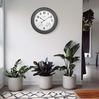 Presentime & Co. 20" Bradford Indoor/Outdoor Farmhouse Clock with Weather Station, Gray Stone Finish