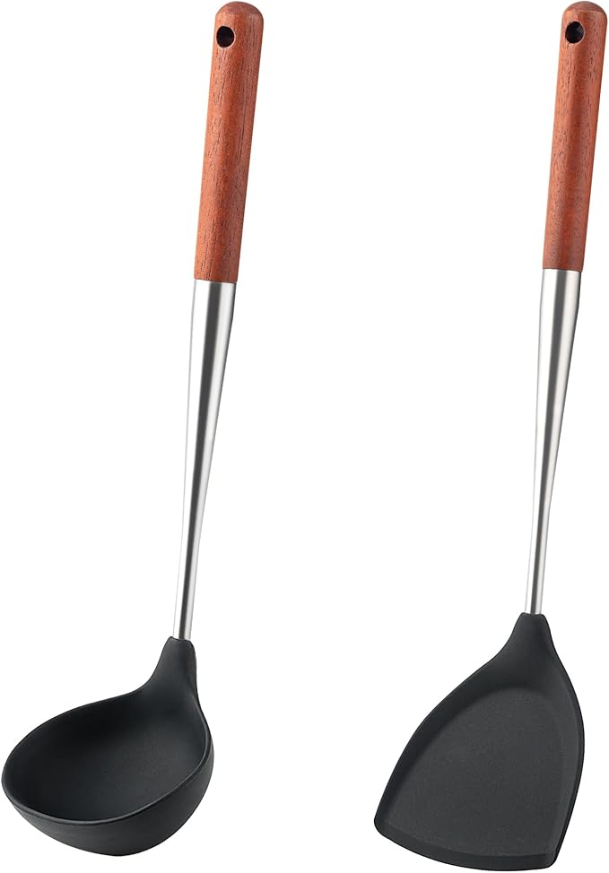 FJNATINH Silicone Spatula Ladle Set - BPA Free Stainless Steel Non Stick Heat-Resistant Kitchen Tools Cooking Utensils Cookware with Wooden Handle, 2 Pcs