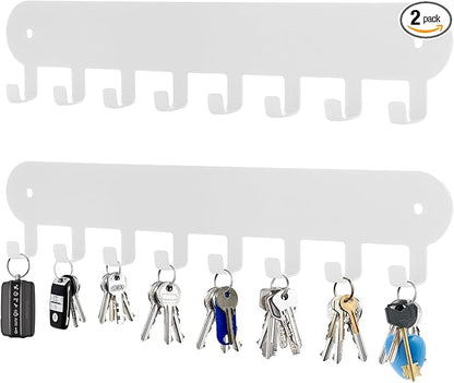 2 Pack Key Holder Wall Mount, Wall Mount Key Holder, Keys Holder On Wall, Key Hooks with 8 Hooks, Key Rack for Wall No Drill for Living Room, Kitchen, Bathroom, Garage (White)