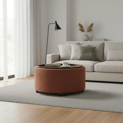 Zihanhome 30 Inch Round Storage Ottoman Coffee Table, Modern Boucle Ottoman with Lift-Off Lid and Solid Wood Legs for Living Room, Bedroom, Corners, Apartments (Orange)