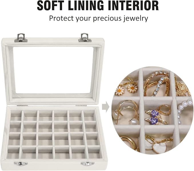 Vicoter Velvet Jewelry Box 24 Grid Jewelry Ring Display Organiser Box Tray Holder Earrings Storage Case for Girls Wife Mom Women (Beige)