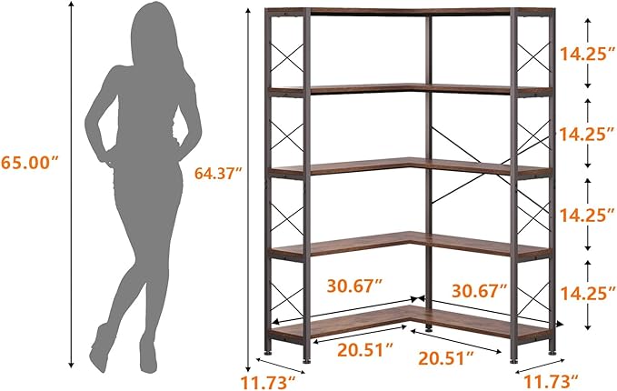 Wildhome 5-Shelf Corner Bookshelf, Vintage Industrial L-Shaped Bookshelf Etagere Bookcase, Large Book Shelf with Metal Frame Open Storage Corner Cabinet (Retro Brown-5 Shelf)