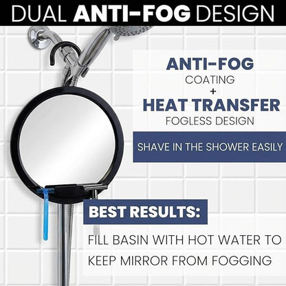 MIRRORVANA Dual Anti Fog Shower Mirror for Shaving with Hook for Hanging and Fogless Shatterproof Surface - Fill Back Chamber/Reservoir with Hot Water for Fog Free Shave (8" Diameter, Black)