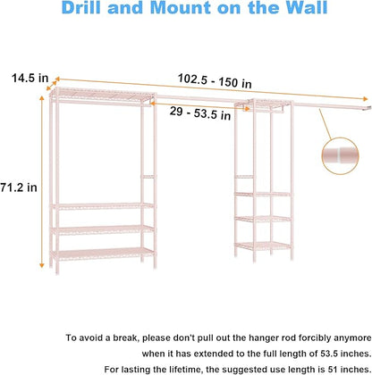 Ulif E11 Heavy-Duty Garment Rack, Metal Freestanding Clothes Rack and Closet Storage Organizer System with 8 Shelves and 4 Hanger Rods, (73.2-97.6)" W x 14.5" D x 71.2" H, Load 1034 LBS, Pink