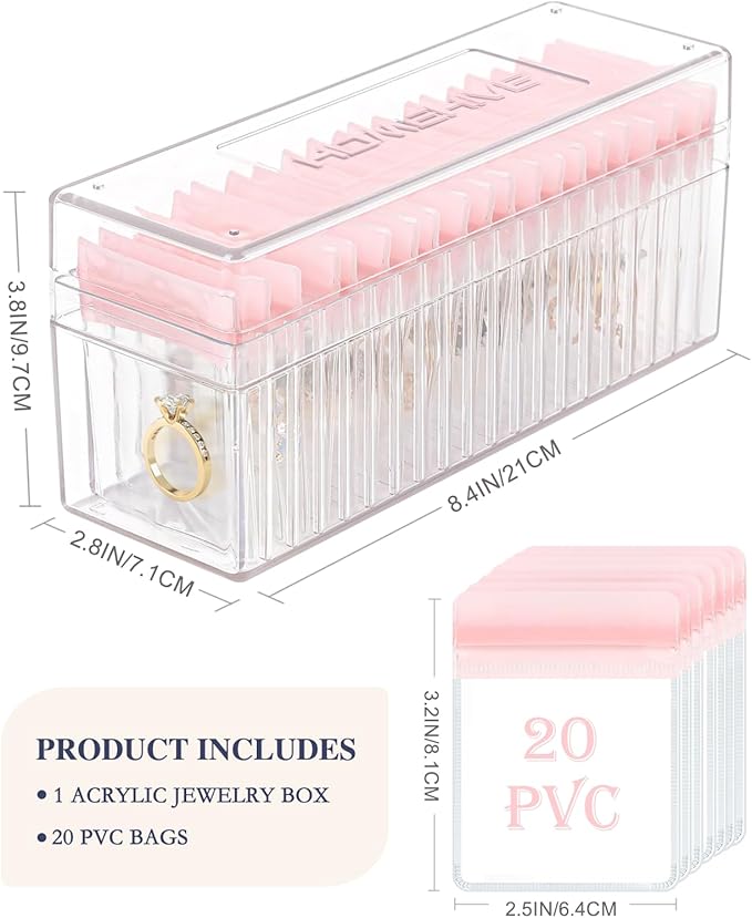 HOMEHIVE Acrylic Jewelry Box Organizer, Clear Jewelry Organizer Holder with 20 Portable Anti Tarnish Jewelry bags, Travel Jewelry Case for Earrings/Rings/Necklaces for Women Girls, Pink