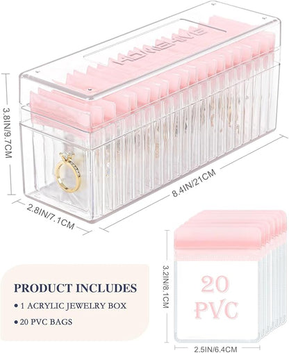 HOMEHIVE Acrylic Jewelry Box Organizer, Clear Jewelry Organizer Holder with 20 Portable Anti Tarnish Jewelry bags, Travel Jewelry Case for Earrings/Rings/Necklaces for Women Girls, Pink