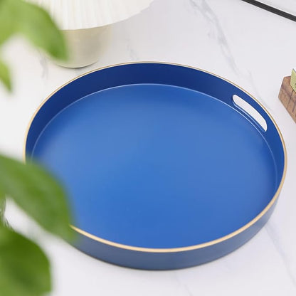 Royal Blue Round Decorative Tray with Handles, 13" Versatile Serving Tray for Coffee Table, Ottoman, Ideal for Serving, Displaying, Organizing