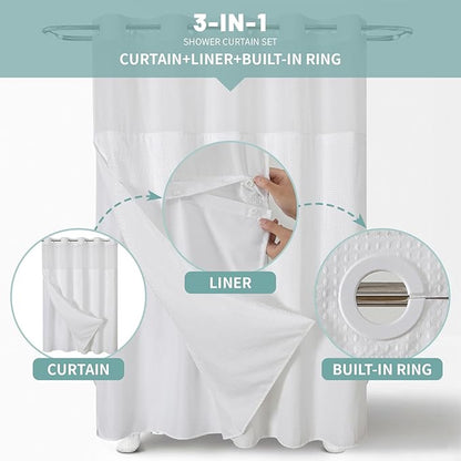 White Extra Long No Hook Waffle Weave Shower Curtain with snap-in Liner Replacement, 230GSM Waterproof Fabric Hotel Shower Curtain Set for Bathroom, Through Mesh Top Window,71Wx86H