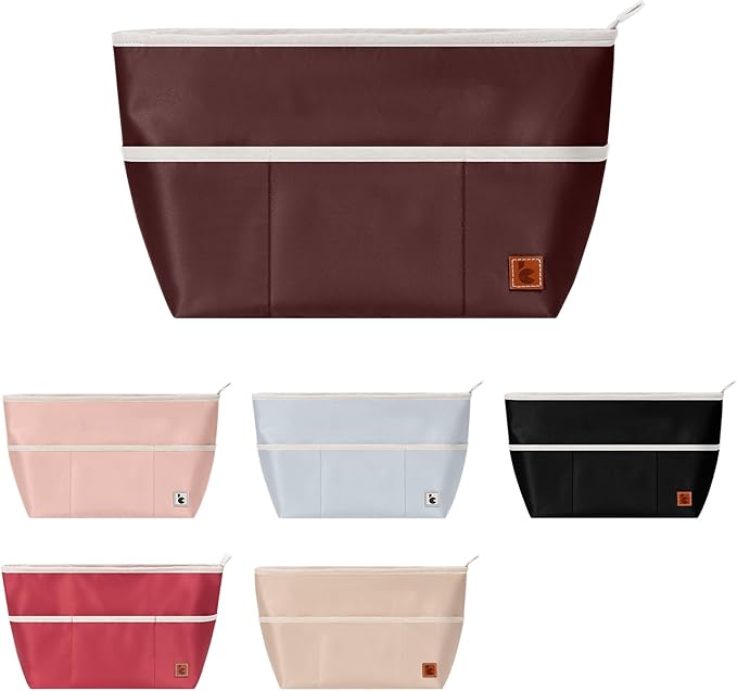 SDANG Purse Organizer Insert with Zipper – Pink Handbag & Tote Bag Organizer | Bag-in-Bag Insert with Pockets for Purses, Totes & Travel(Brown,Large 30)