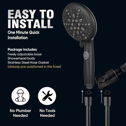 Cobbe 9-Function Shower Head with Built-in Power Spray, 1.8 GPM Water Saving ON/OFF Toggle Switch, High Pressure Handheld Showerhead with 1-Click Pause Button, Brass Bracket & 6ft Hose, Matte Black