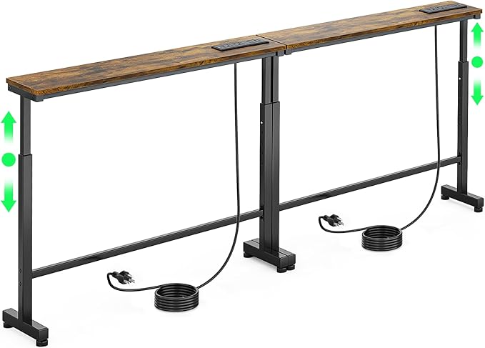 Dicasser 2 Pack Narrow Console Sofa Table with Adjustable Height (22"-33") & 2 Power Outlets, Skinny Behind Couch Table for Living Room Entryway Hallway, 79" L x 7" W x 33" H (Rustic Brown)