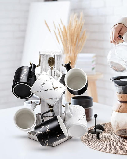 PUERSI Coffee Mug Holder for Counter, Rustic Solid Wood Mug Tree, Farmhouse Wooden Coffee Cup Rack with 8 Hooks (Farmhouse White)