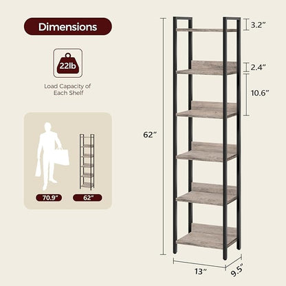 Bookshelf, 6-Tier Bookcase, Standing Book Shelf for Small Space, Storage Shelf Organizer, for Living Room, Bedroom, Study, Balcony, Greige and Black BKHG6601