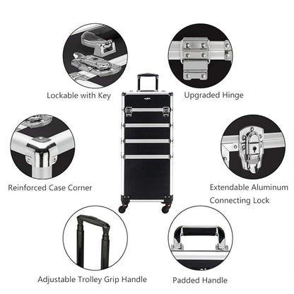 mefeir 4 in 1 Rolling Makeup Train Case, Aluminum Makeup Travel Organizer Cosmetic Case, Cosmetology Display Suitcase on Wheels, Beauty Storage Luggage Lockable w/4 Removable Wheels (Black)