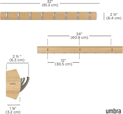 Umbra Flip Wall-Mounted Coat Rack with 8 Hooks – Modern, Space-Saving Storage for Hats, Jackets, Bags, Entryway, Mudroom, Closet, Bathroom, Bedroom – Natural/Nickel