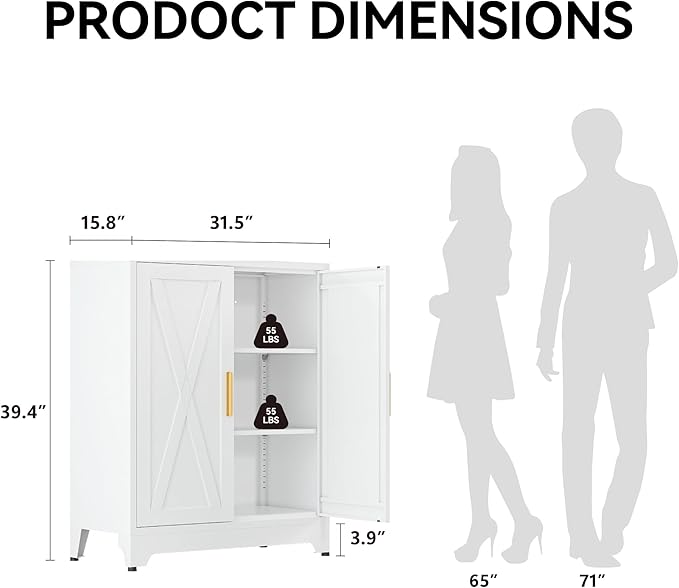 COFaR White 39" H Double Door Metal Storage Cabinet, Heavy Duty Kitchen Organizer & Coffee Bar with Adjustable Shelves, 150 lbs Top Capacity, 3-Tier Filing Cabinet for Pantry, Home Office, Dorm
