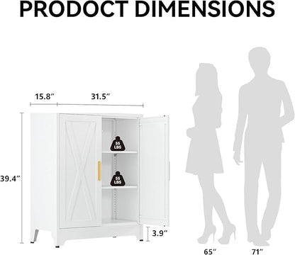 COFaR White 39" H Double Door Metal Storage Cabinet, Heavy Duty Kitchen Organizer & Coffee Bar with Adjustable Shelves, 150 lbs Top Capacity, 3-Tier Filing Cabinet for Pantry, Home Office, Dorm