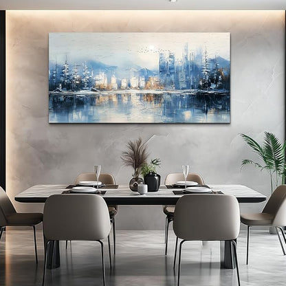 QIYILEXWART Canvas Wall Art For Living Room Large Wall Decor For Office Bedroom Decorations The Blue Lake Pictures Stretched And Framed Watercolour Abstract Painting Artwork Room Ready To Hang
