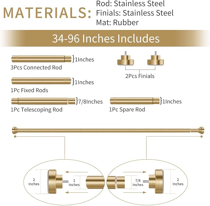 YNL Tension Shower Curtain Rod 34-96 Inches（2.8-8ft) Adjustable Spring Shower Rod No Drilling, Non-Slip, Never Rust, Stainless Steel, Suitable for Bathroom Window Kitchen, Gold