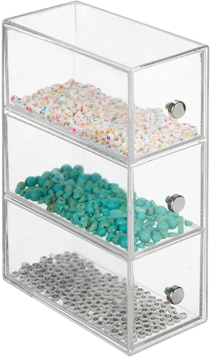 mDesign Plastic Kitchen Pantry Stackable Storage Organizer Container Station with 3 Drawers for Cabinet, Countertop, Holds Coffee, Tea, Sugar Packets, Creamers - Lumiere Collection - Clear