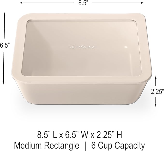 BRIVARA HOME Ceramic Coated Glass Food Storage Container | No PTFE, PFOA, PFAS, and BPA | Reusable Non Toxic Meal Prep Container with Glass Lid | Easy To Store | 6 Cup Rectangle [Crema]
