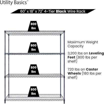 Utility Basics NSF Commercial 4-Tier Wire Shelving with Wheels, 60"x18"x72" Heavy Duty Metal Shelves 3200 lbs Max Capacity, Black Storage Rack for Garage Kitchen Pantry Warehouse