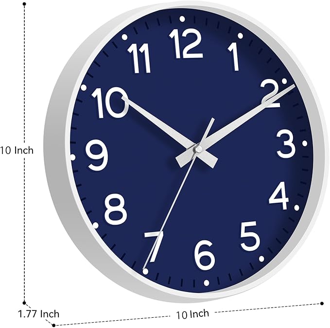 Roymnie Wall Clock, 10 Inch Silent Wall Clocks Battery Operated-Modern Non Ticking Analog Clock Decorative for Kitchen Bedroom Office Bathroom(Navy Blue)