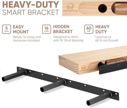 Homeforia 60 inch Wood Floating Shelf, High End Solid Natural Long Wood Shelf for Wall 60 inches, Unfinished Wooden 60inch Large Floating Shelves, Heavy Duty Bracket, 60 X 6.5 X 1.75 in, Set of 3