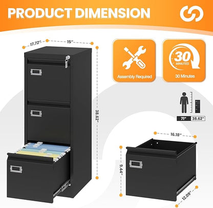 3 Drawer File Cabinet with Lock, Metal Filing Cabinets for Home Office, Vertical Black Locking File Caninet, Steel Narrow Three Drawer File Cabnet for Letter/Legal / A4 / B4- Assembly Required