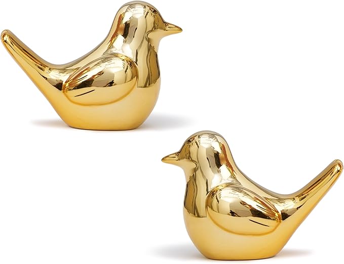 Artconal Small Gold Bird Statue Ceramic 2-Piece Set, 4½ inch Cute Knick Knack for Home Office Shelf Desk Decor