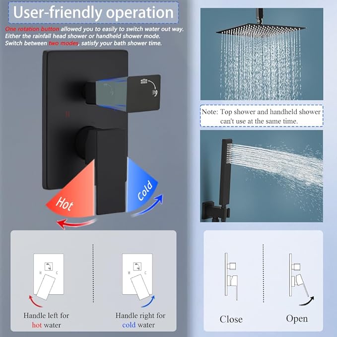 12 Inch Matte Black Ceiling Mount Shower System Bathroom Luxury Rain Mixer Shower Combo Set Ceiling Rainfall Shower Head System Faucet Contain Rough-in Valve and Trim Included