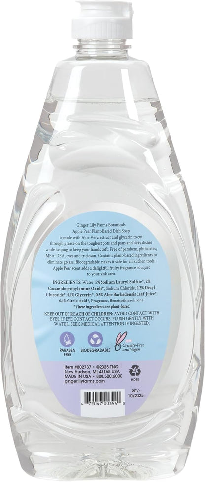 Ginger Lily Farms Botanicals Plant-Based Liquid Dish Soap, Concentrated Formula with Max Grease Cleaning Power, Cruelty-Free, Apple Pear Scent, 24 Fl Oz