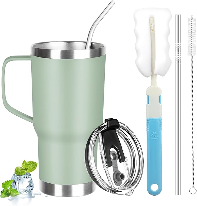20 oz Tumbler with Handle, Stainless Steel Insulated Tumbler with Lid and Straw, Double Wall Vacuum Coffee Mug Tumbler, Insulated Coffee Thermal Cup for Cold and Hot (Matcha)