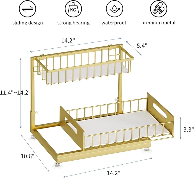Under Sink Organizer Storage 2-Tier Premium Metal Pull-Out Kitchen Cabinet Organizer with Sliding Drawer, Height Adjustable, Heavy Duty for Kitchen & Bathroom Organizers 1 Pack Gold