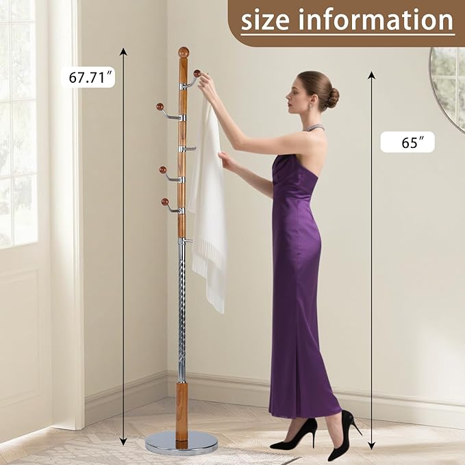Solid Wooden Coat Rack Stand, Coat Racks Freestanding with 6 Hooks, Natural Birch Wood Coat stands with Sturdy Round Base, Tree Coat Hanger Standing for Entryway Bedroom Office (Cherry)
