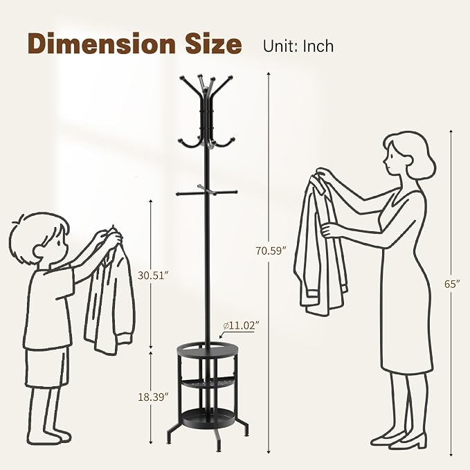 Coat Rack with Umbrella Holder, Coat Rack Freestanding, Metal Coat Tree with 12 Hooks, Modern Coat Hanger Stand for Entryway Living Room Bedroom Office