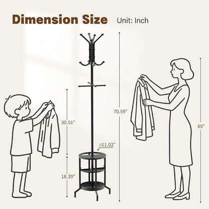 Coat Rack with Umbrella Holder, Coat Rack Freestanding, Metal Coat Tree with 12 Hooks, Modern Coat Hanger Stand for Entryway Living Room Bedroom Office