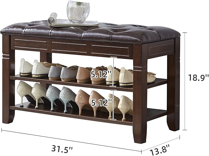 LEILISI Shoe Bench, Storage Rack Organizer with Cushion 2 Tier Lift Top Shoe Rack for Entryway Living Room Bedroom Hallway Wooden Furniture (Brown, 31.5'')