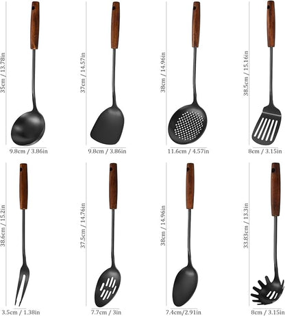 304 Stainless Steel Kitchen Utensils Set, 8 Pcs Long Cooking Utensils Set with Wooden Handle, Large Heat Resistant Kitchen Tools(Black, Dishwasher Safe)