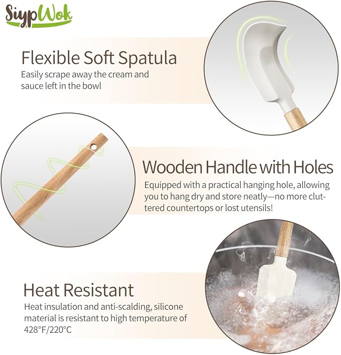 5 Pcs Silicone Spatula Set,Food Grade Silicone Spatula Nonstick Rubber Spatulas with Wooden Ergonomic Grip,Spoonula,Jar Scraper for Cooking,Baking,Mixing,Frosting-Heat Resistant Up to 428°F(Off White)