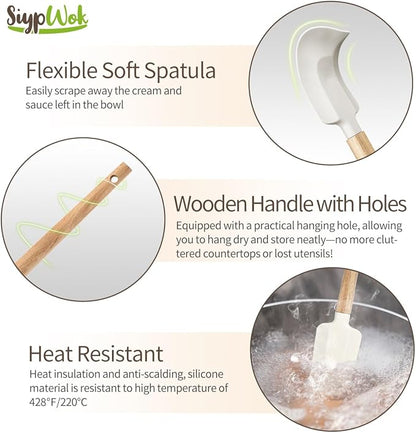 5 Pcs Silicone Spatula Set,Food Grade Silicone Spatula Nonstick Rubber Spatulas with Wooden Ergonomic Grip,Spoonula,Jar Scraper for Cooking,Baking,Mixing,Frosting-Heat Resistant Up to 428°F(Off White)