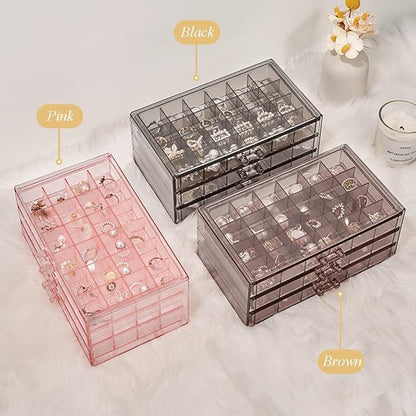 YUFONG Earring Storage Box Organizer 3 Drawers Acrylic Jewelry Storage Box Holder Transparent Jewelry Display Stand with 72 Small Compartments Gift for Women Girls (Clear Pink)
