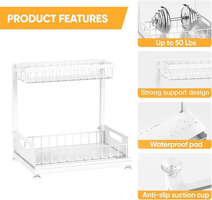 Under Sink Organizer Storage 2-Tier Premium Metal Pull-Out Kitchen Cabinet Organizer with Sliding Drawer, Height Adjustable, Heavy Duty for Kitchen & Bathroom Organizers 2 Pack White