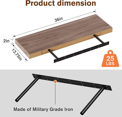 JPND Floating Shelf, Set of 2 Wall Shelf, 36 in W x 12.75 in D x 2 in H Wooden Floating Wall Shelf with Invisible Brackets for Living Room/Bedroom/Bathroom/Kitchen Storage and Decor, Walnut